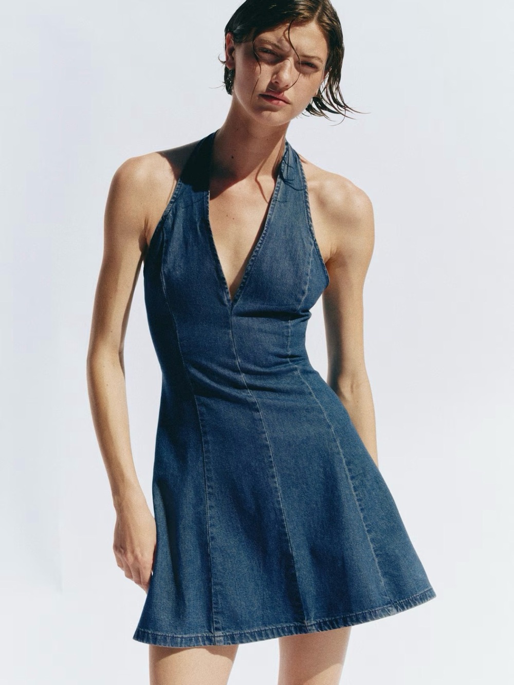 H&M Dark Blue Denim Halter Mini Dress